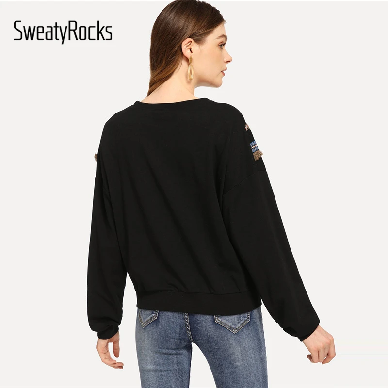  SweatyRocks Black Casual Embroidered Tape And Fringe Detail Sweatshirt Long Sleeve Pullovers Tops 2