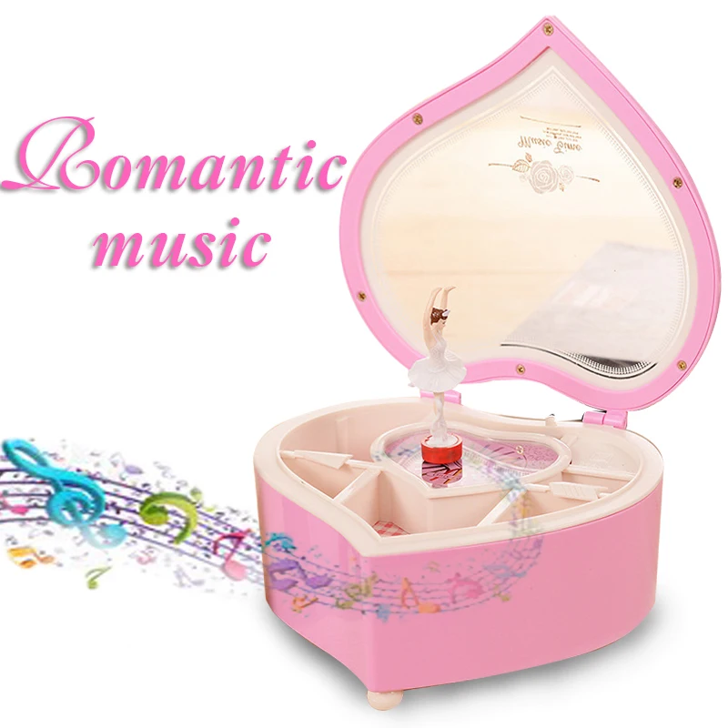 Caja de música de bailarina con forma de corazón caja de joyería de plástico para niñas Caja de música de bailarina con forma de corazón caja de joyería de plástico para niñas