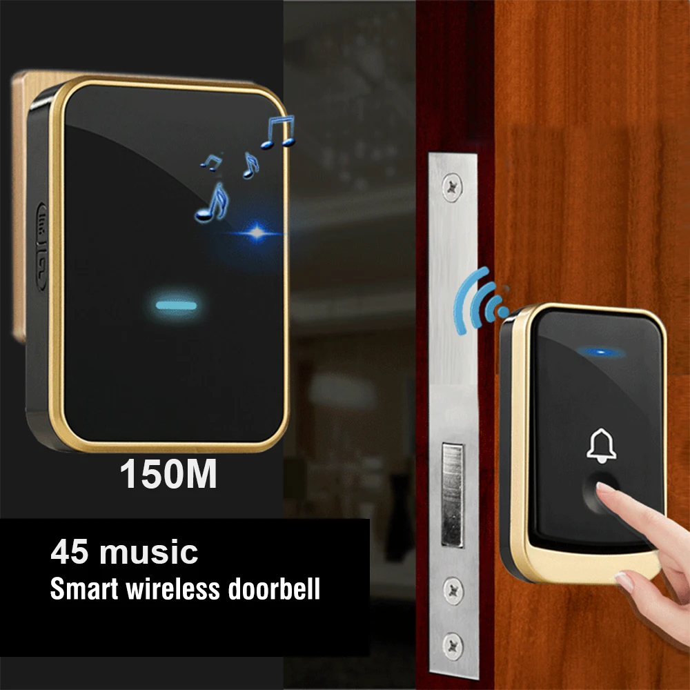 

powered Wireless Door Bell Waterproof 150M Remote no battery smart home Door Bell 45 melodies chime 1 Transmitter Receiver