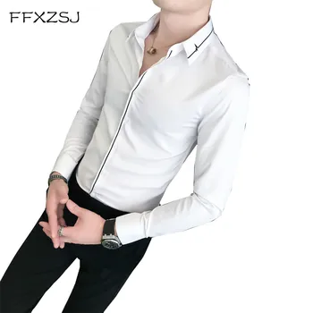 

Men trim business casual shirt in solid color Fashion shirt long sleeved embroidery autumn casual fashion business slim shirt