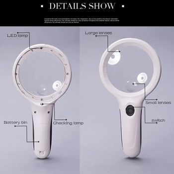

Skid-proof 8LED 10X Hand-held Magnifier Magnifying Glass with Money Detect Lamp Powered by 3 AAA Batteries