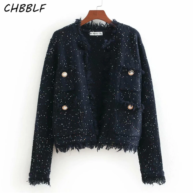 CHBBLF women chic sequined knitted jacket fringe tassels buttons long sleeve short coats open stitch outerwear tops BGB8552