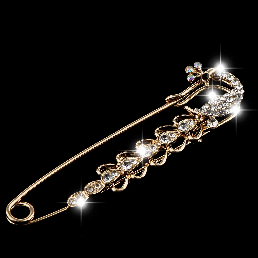Phenove Crystal Peacock Safety Pin Brooches Clip for Ladies Scarf Cardigan Coat Gown Brooch Pin for Wedding Party