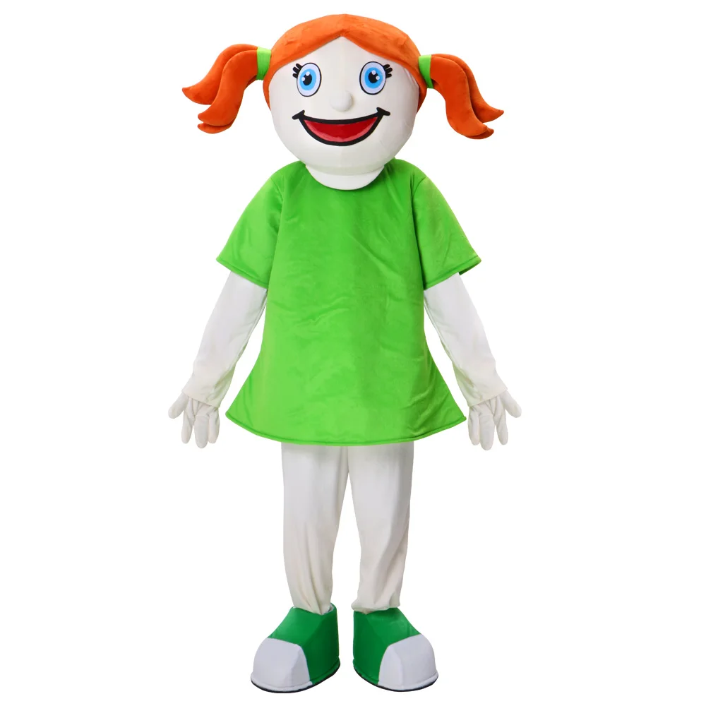 Hot Sale cute smiling face girl Mascot Costume orange hair with green