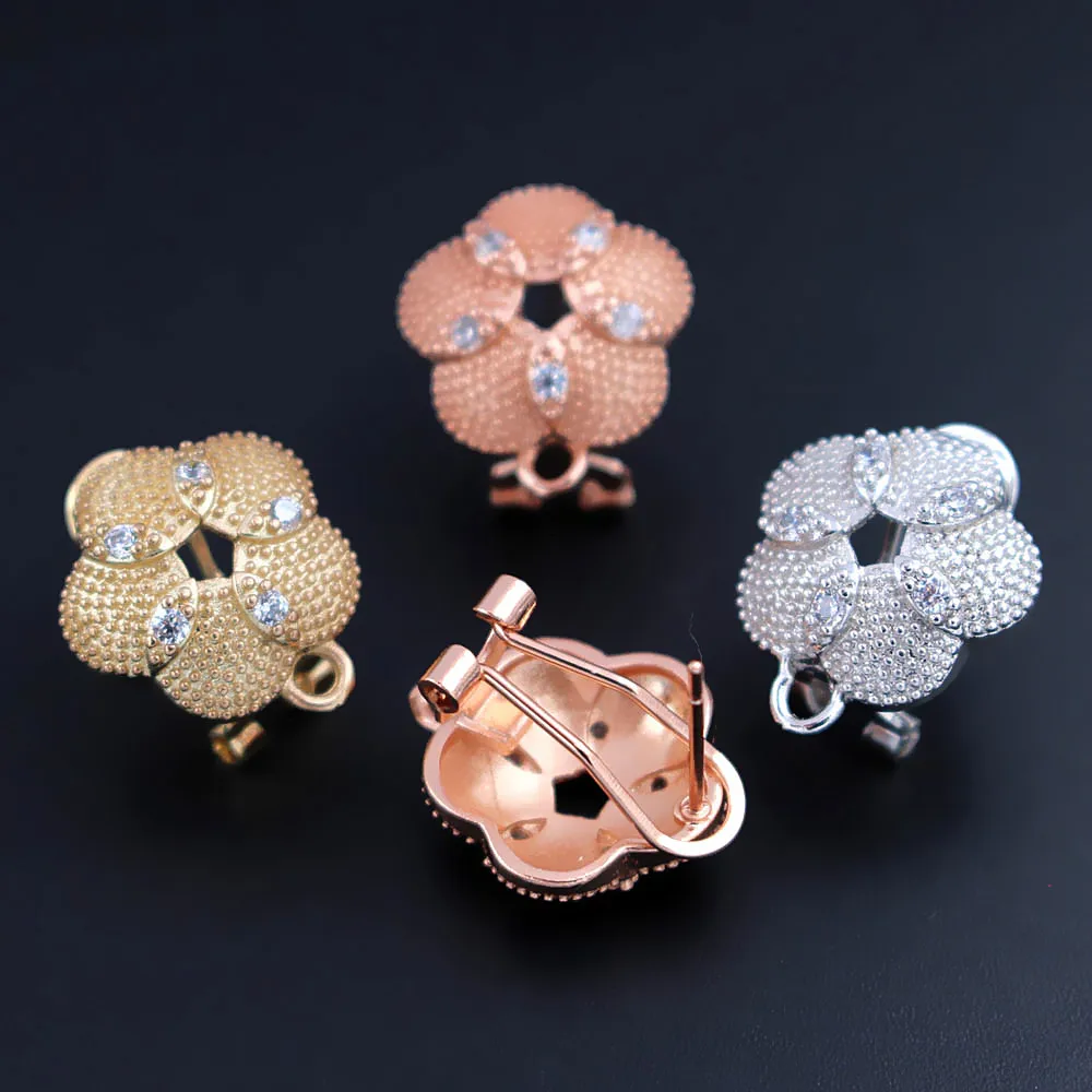 Micro Paved Zircon CZ Clip Back Earrings Post with Loop Connector Flower Metal Findings DIY African Bridal Rose Gold Pl | Украшения и