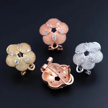 

Micro Paved Zircon CZ Clip Back Earrings Post with Loop Connector Flower Metal Findings DIY African Bridal Earrings Rose Gold Pl