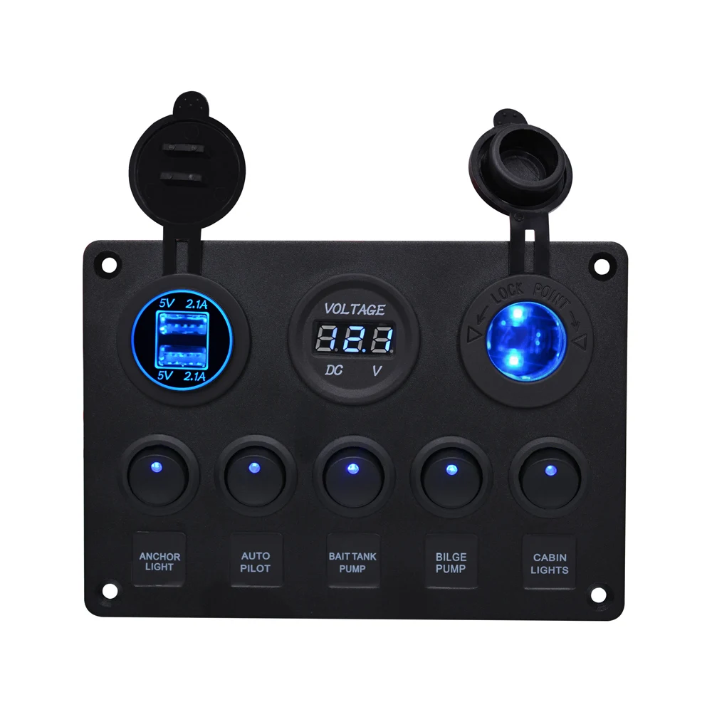 

12V Power Outlet 5 Gang ON-OFF Toggle Switch Panel Cigarette lighter Charger Dual USB Socket Voltmeter for Car Truck Camper