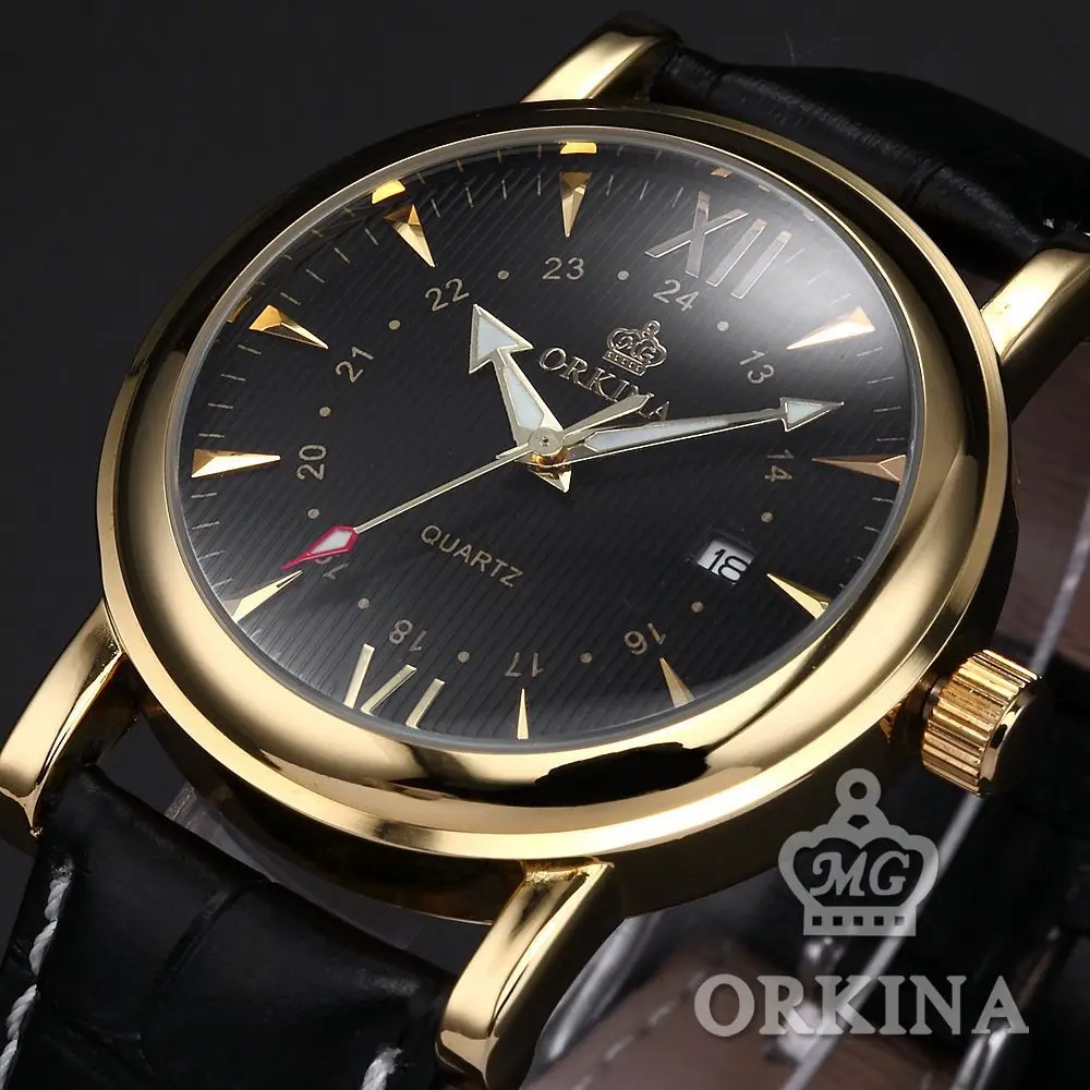 Золотые мужские часы, мужские коричневые аналоговые часы, ремень из натуральной кожи, мужские Роскошные Кварцевые часы, мужские часы - Цвет: Black Golden