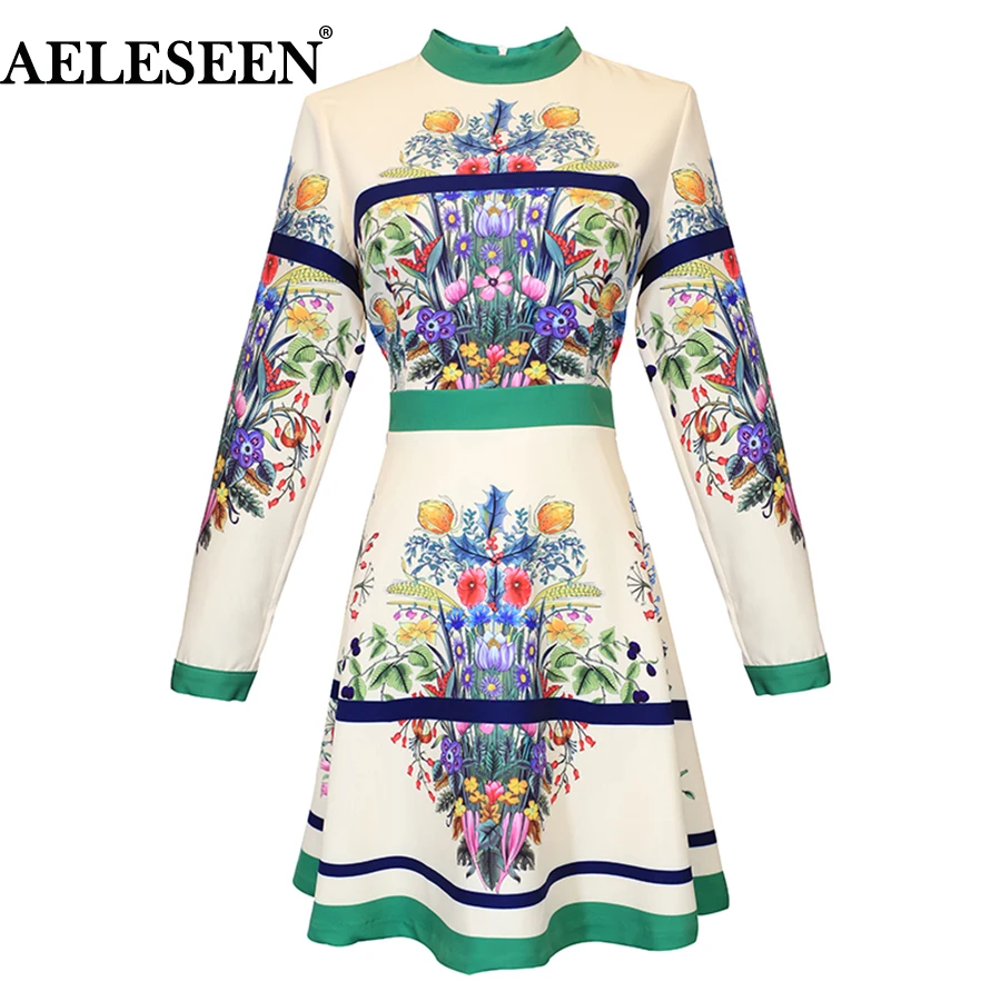 

AELESEEN Women's Runway Dress 2018 Vintage Spring Autumn Flower Print Dress Femme Long Sleeve Flower Elegant Dress Vestidos