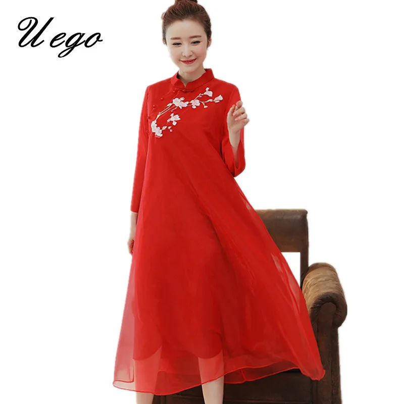 Uego Новое поступление модное китайское стильное платье Cheongsam хлопковое льняное весеннее летнее платье халаты с вышивкой женское Повседневное платье
