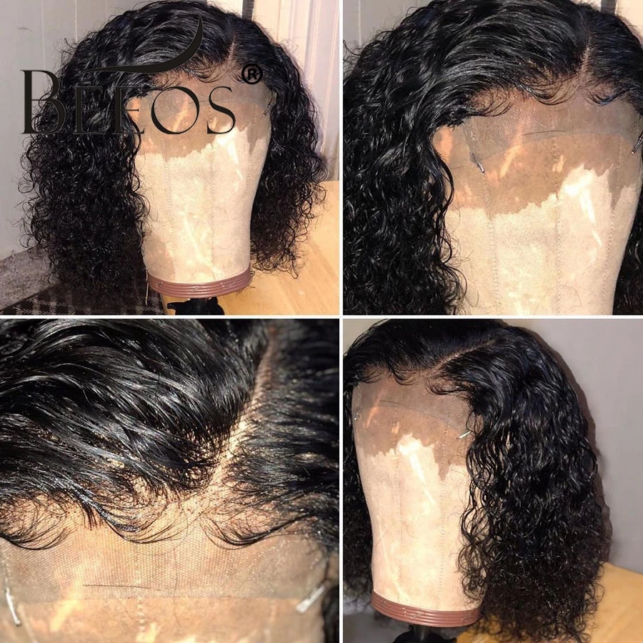 Beeos бразильские волосы Remy короткие кудрявые человеческие волосы боб парик Полный конец 13*6 кружева передние человеческие волосы парики для женщин предварительно сорвать боковую часть