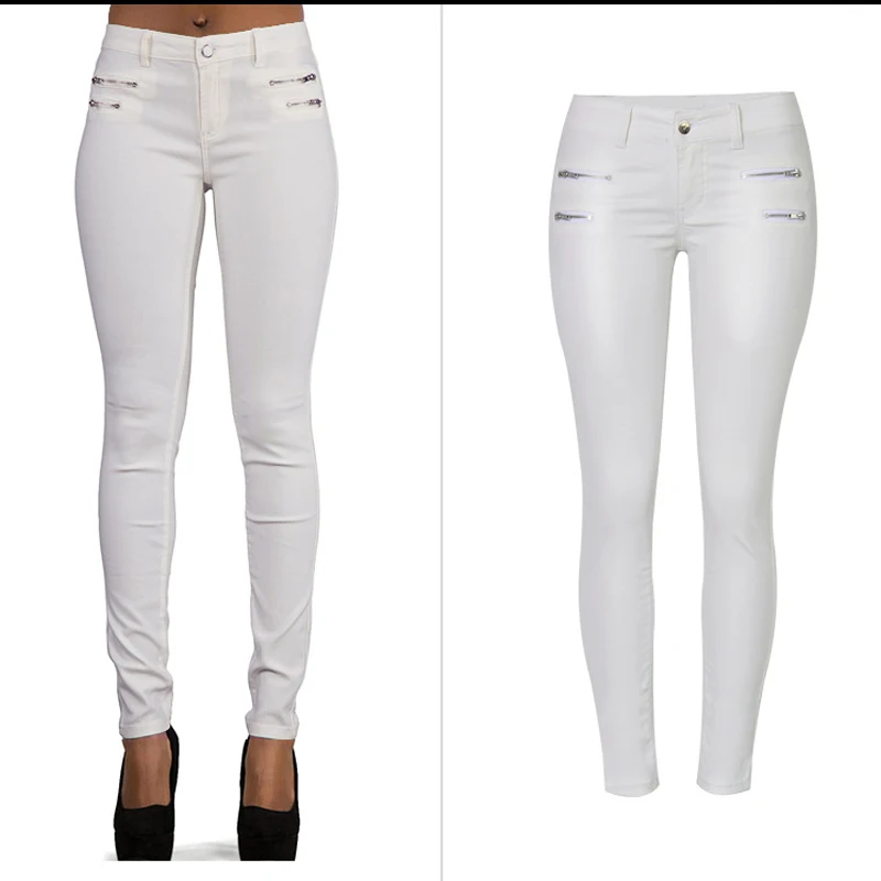

2018 Jeans Woman Zip White Pu Jeans For Women Stretch Slim Women Skinny Pencil Jeans Female Long Pants Trousers