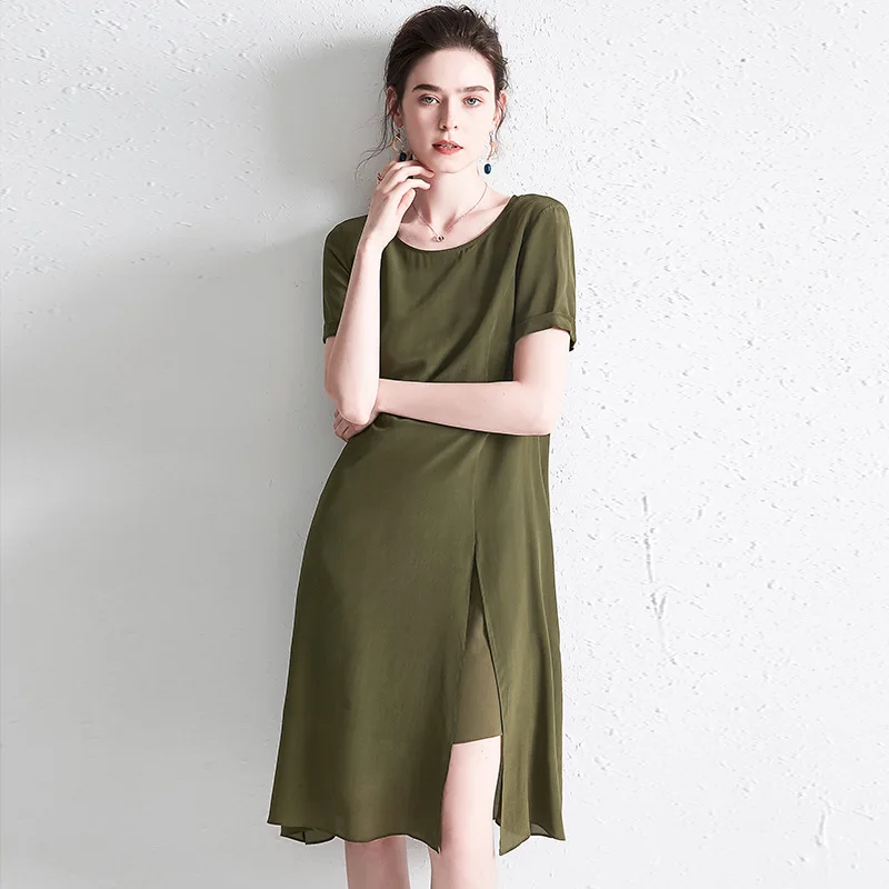 

Army Green Summer Midi Dresses 100% Silk Dress Solid Irregular