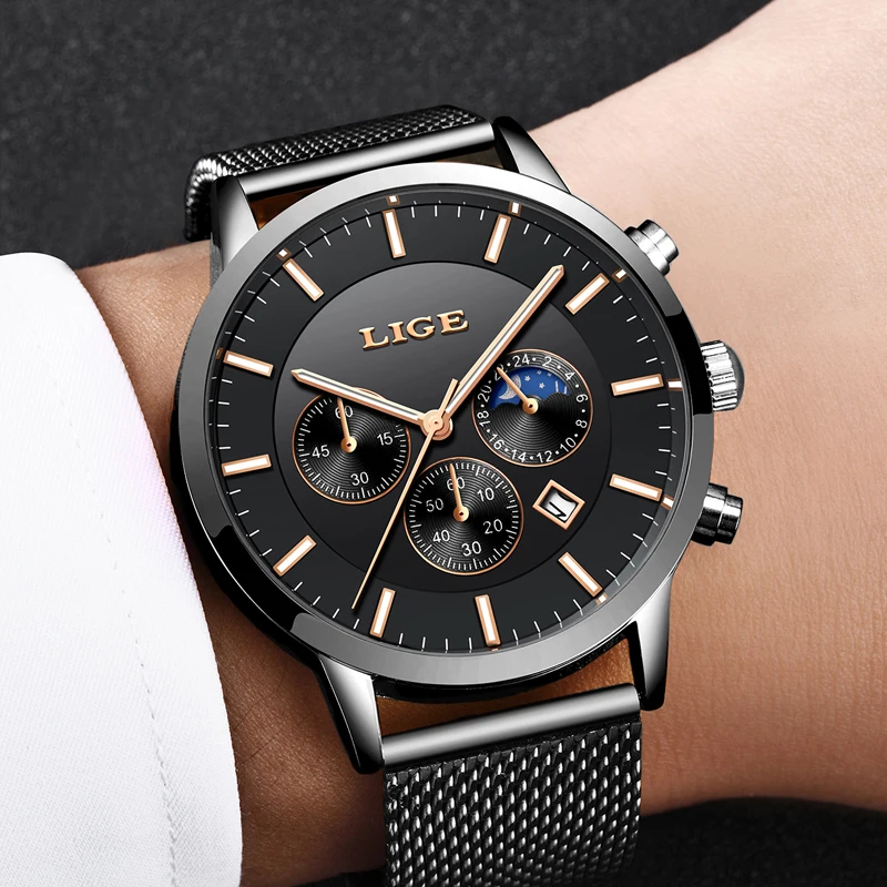 Watch Men New LIGE Mens Watches Top Brand Luxury Quartz Wristwatch Men Full Steel Grid Casual Strap Waterproof Sport Chronograph