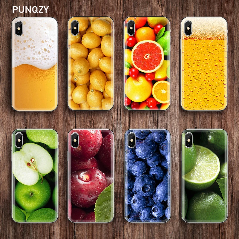 PUNQZY Cute Silicone Cover Case For iPhone X 6 6S 7 8 Plus 5 XS Max XR Soft TPU Transparent Fruit apple beer food Blueberry | Мобильные