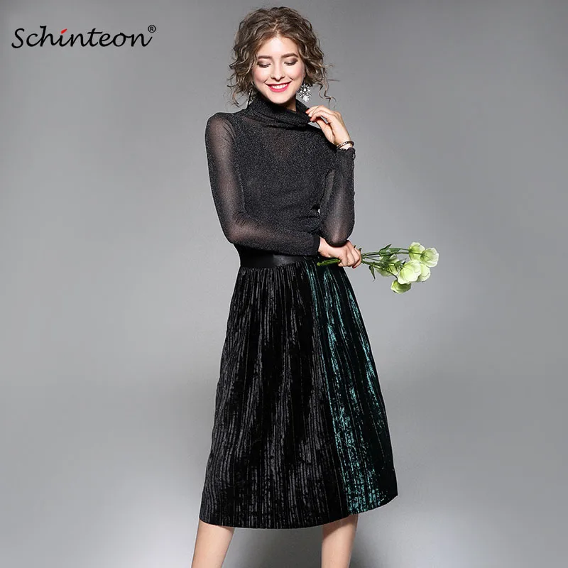 

2018 Europe and America Women Long Sleeves Dress Slim Turtleneck Patchwork Pleated Bottom Dress