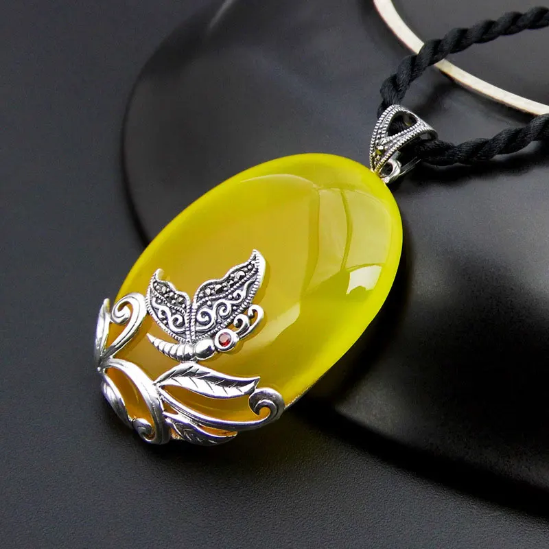 

925 Silver Butterfly Pendant Natural Yellow Stone 100% Pure S925 Solid Thai Silver Pendants for Women Jewelry Making