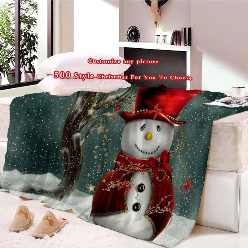 

500 Style Christmas Blanket Flannel Printed Snowman Anta Claus Customizable White Blankets for Beds for Sofa