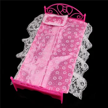 

1set (1 Bed+1 Bed Sheet+1 Pillow) Fashion Pink Plastic Bed Bedroom Furniture For Dolls Dollhouse Dolls Accessories
