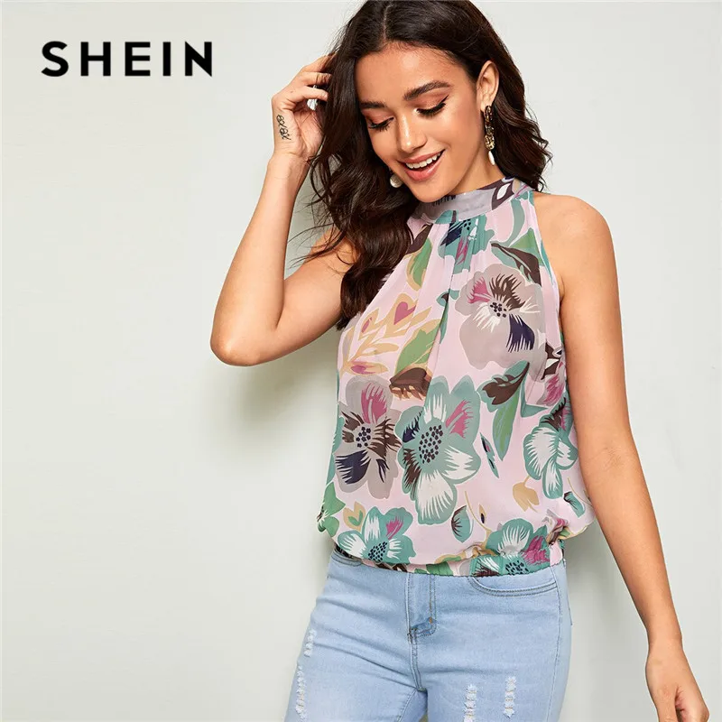 SHEIN ثقب المفتاح عودة أكمام الأزهار بلوزة ملابس حريمي 2019 عارضة موقف طوق الصيف بلوزة إمرأة قمم و البلوزات