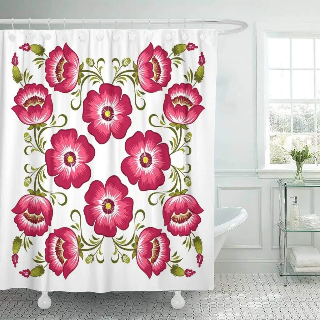 Shower Curtain Green Folk Floral in Ukrainian National Style Petrykivka Painting Flower Craft Vintage Decorative | Дом и сад