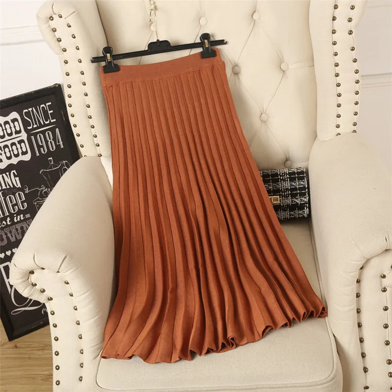 

New Knitting Pleated Women Girl Skirts Long A-line Skirt Women 8SK039