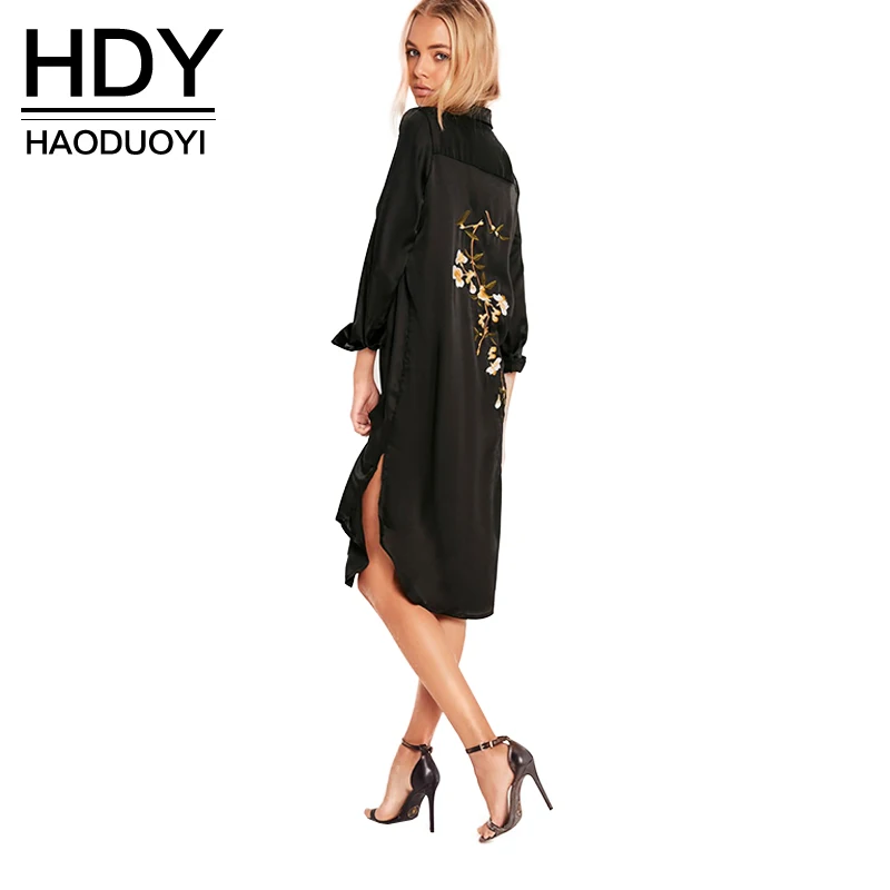 HDY Haoduoyi Women Summer Floral Embroidery Split Shirt