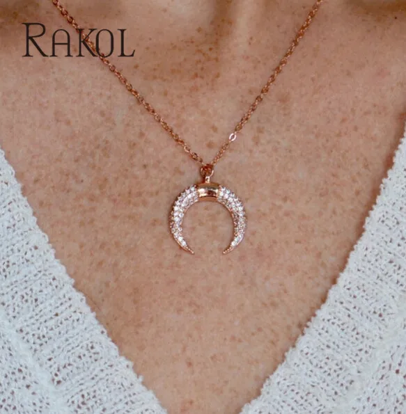 RAKOL розовое золото цвет кубическая циркониевая подвеска мини Луна Форма ключицы цепи ожерелье для женщин подарок ювелирные изделия