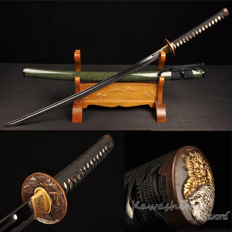 

Handmade Japanese Katana Full Tang Folded Steel Samurai Sword Heat Tempered Special Bohi Green Grain Saya-Sharpness Hot Sale