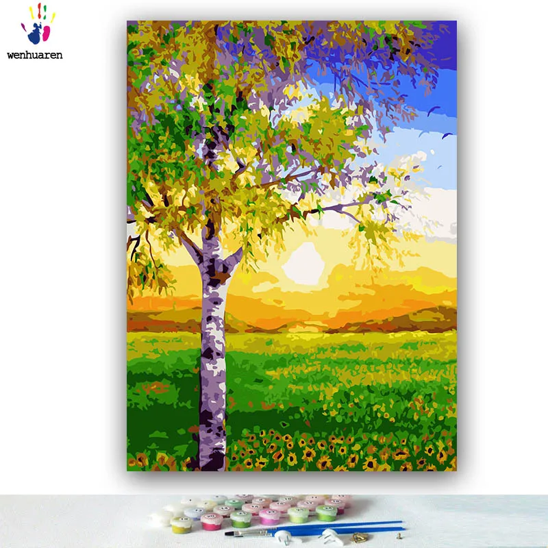 DIY картинки для раскраски по номерам с цветами березовый лес впечатление леса пейзаж Картина Рисование по номерам в рамке - Цвет: 6019