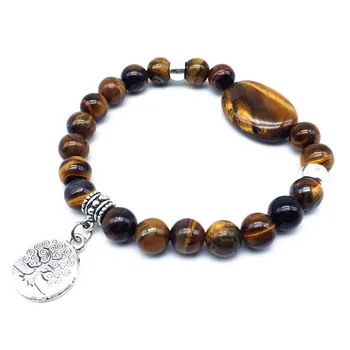 

Natural Stone Bead Bracelets 8mm Round Yellow Tiger Eye Bangle with Metal Tree Charm African Style Jewelry Gift