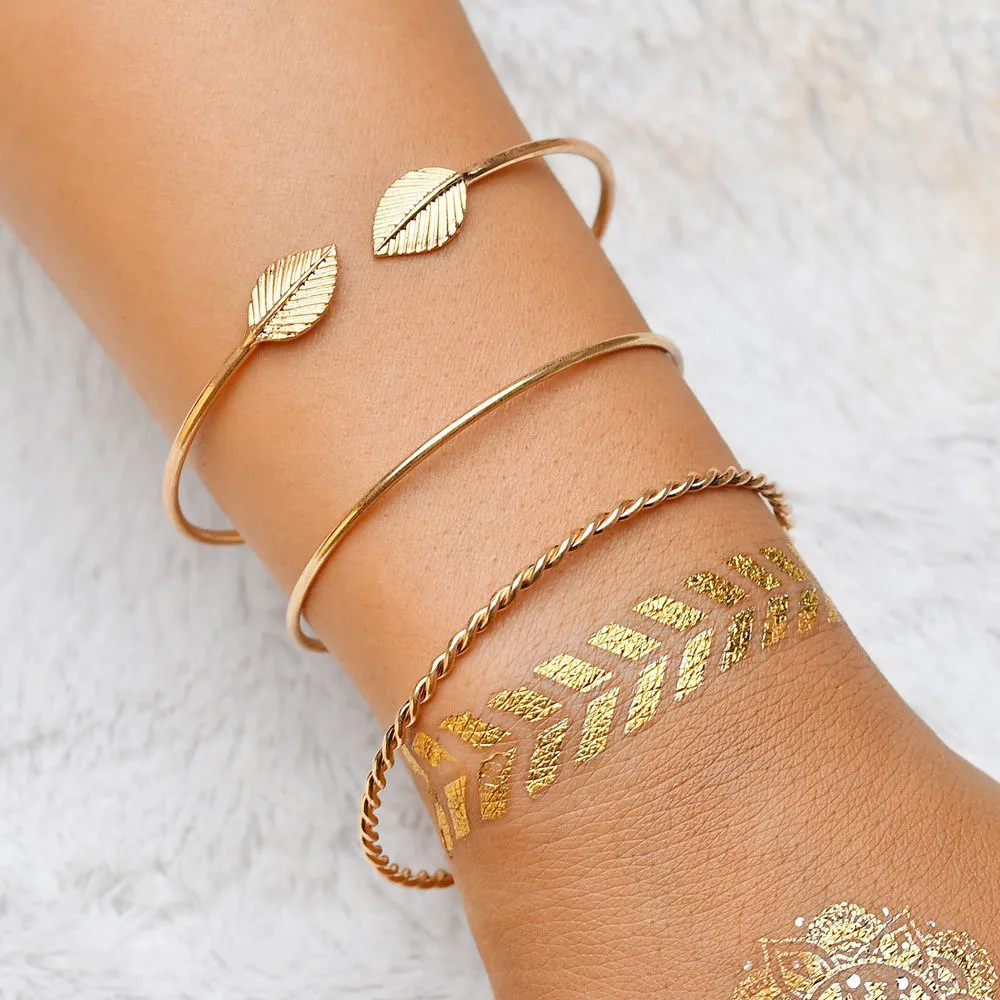 

3pcs/1set Gold Color Stainless Steel Screw Hand Leaf Wedding Cuff Bracelet Bohemian Metal Chain Bracelet Statement Jewelry