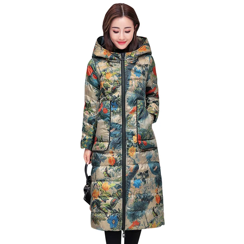 

Female 2019 Winter New Warm Hooded Long Down Jacket Ladies Fashion Flowers Print Coat Casual Slim Temperament Outerwear Z352