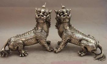 

song voge gem S1304 China White Copper Silver Palace Kirin Unicorn kylin Foo Dog Lion Pair Statue