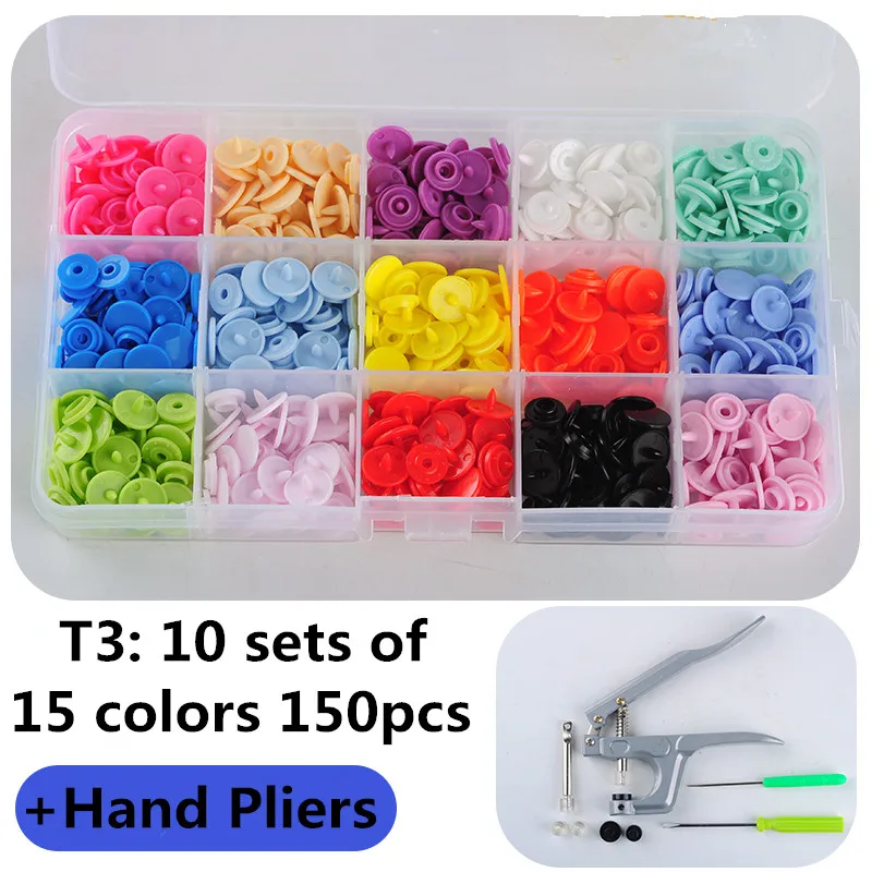 

15 Colors Mixed KAM Branded T3 150 Sets Luster Glossy Snap Snap Buttons Fastners installed With pliers