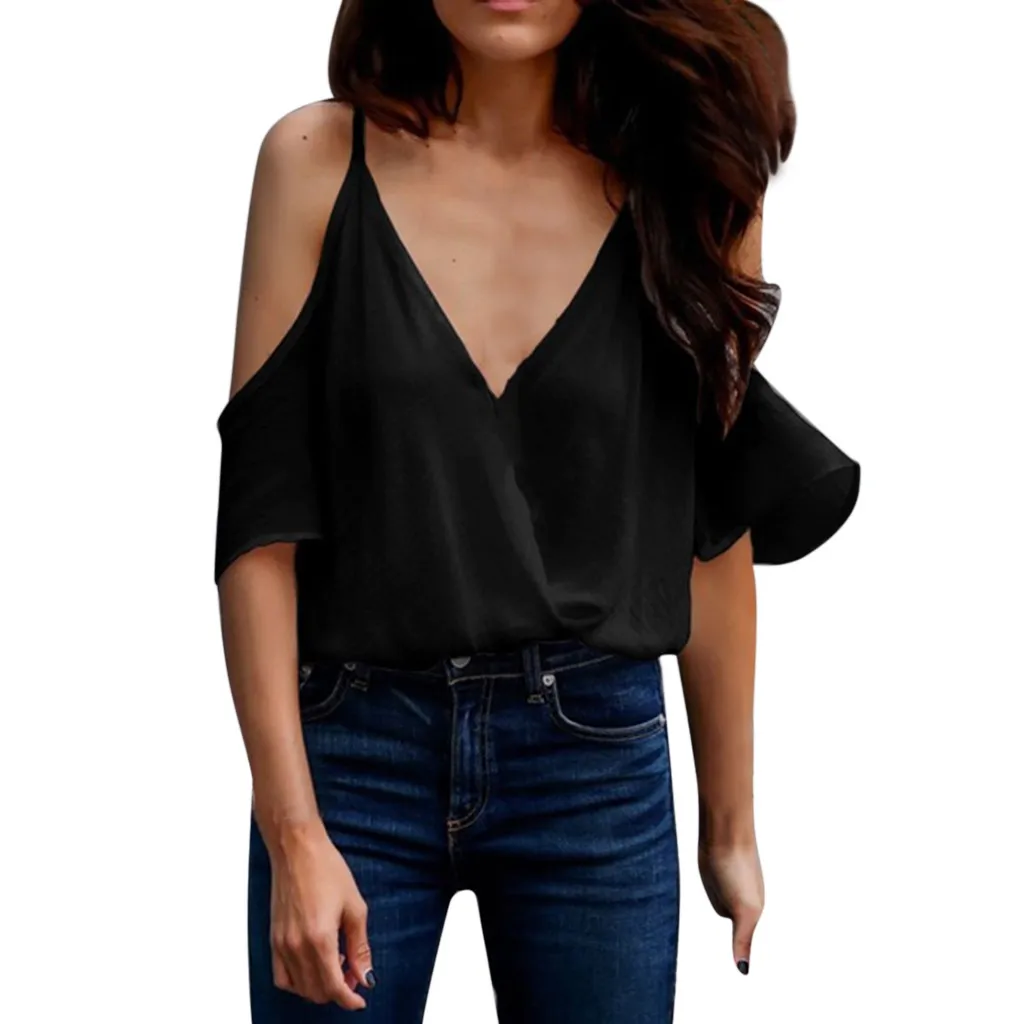 

Fashion Women Off Shoulder Summer Solid Strappy Ruffle Casual Chiffon Blouse 2019 New Drop Shipping