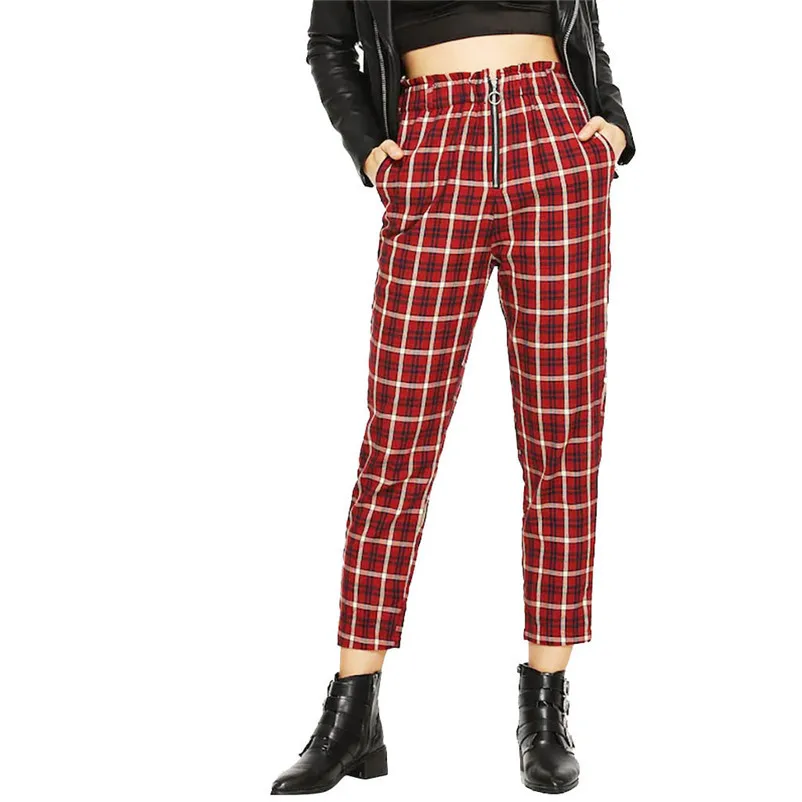 

Fashion Women High Waist Lattice Printing zipper Long Trousers Casual Pockets Pants summer plaid pants female #25A