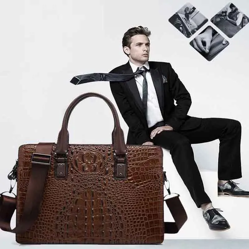 

New men's bag fashion tide crocodile pattern embossed leather handbag head layer cowhide business computer bag briefcase