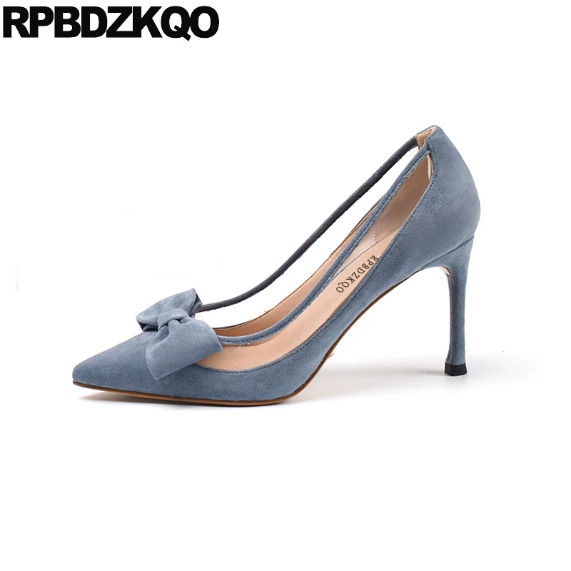 

size 4 34 transparent clear shoes bow blue pvc pumps green suede thin high heels 2019 pointed toe ladies 8cm stiletto sweet