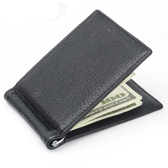 

Fashion Leather RFID Money Clip Metal Wallet Men Women Genuine Thin Bifold Folded Male Purse Female Clamp Credit Card Case
