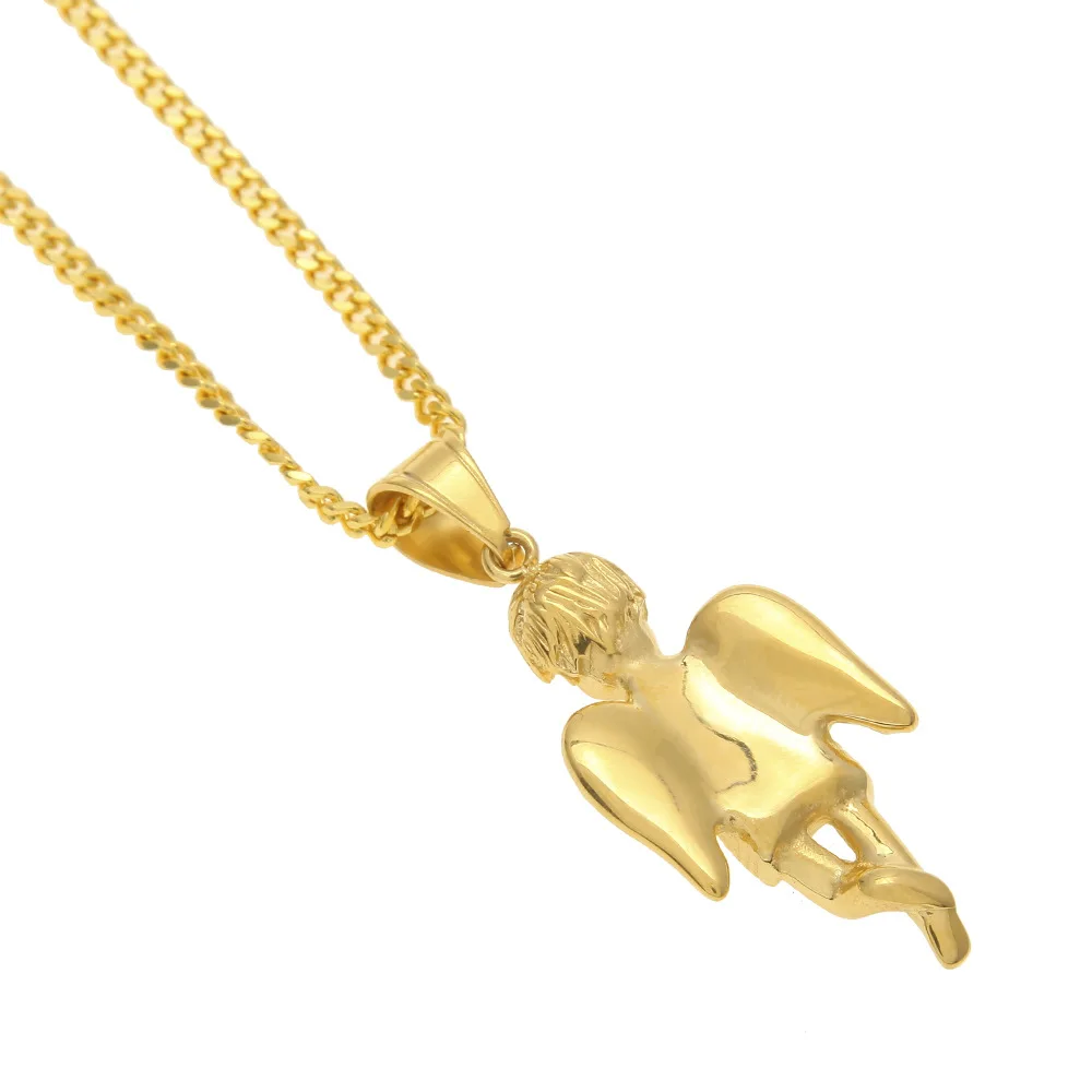 Нержавеющая сталь 316 L мужское золотое ожерелье в стиле хип-хоп с кулоном в виде ангела с кулоном 60 см, кубинская цепочка, ожерелья для мужчин, ювелирные изделия