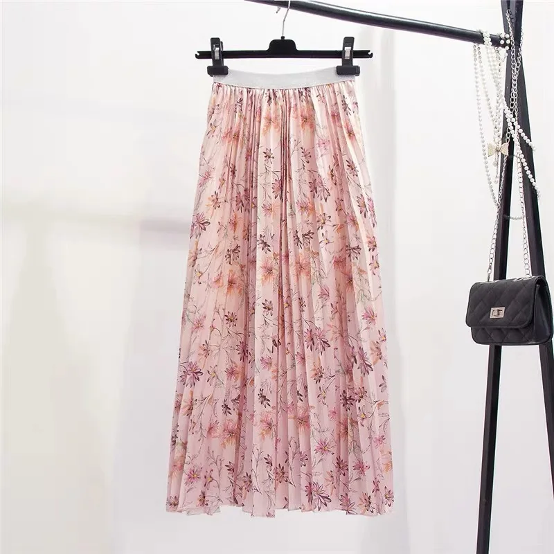 

A-Line Mod-Calf Women Skirts 2019 New-Coming Summer Sweet Floral Chiffon Pleated Women Skirts Higt Street European Style