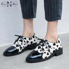 Женская Повседневная обувь; обувь на плоской подошве из натуральной кожи с мехом; коллекция года; сезон весна; повседневные туфли-оксфорды; женская обувь на плоской подошве с принтом из меха пони; большие размеры 33-42