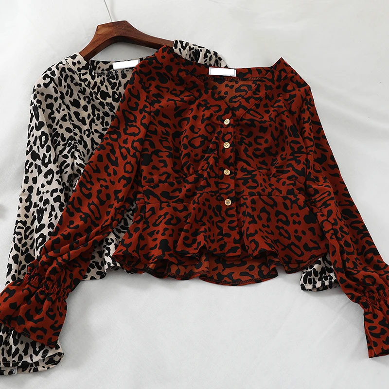  Elegant Women Flare Sleeve V-neck Leopard Basic Ruffles Shirt Casual Short Slim High Waist Cardigan
