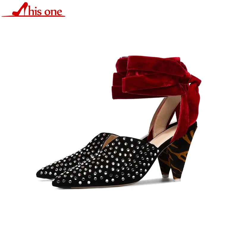 

genuine leather women party shoes sexy high heels shoes pumps women fashion pointed toe black shoes ladies sandals crystal mules