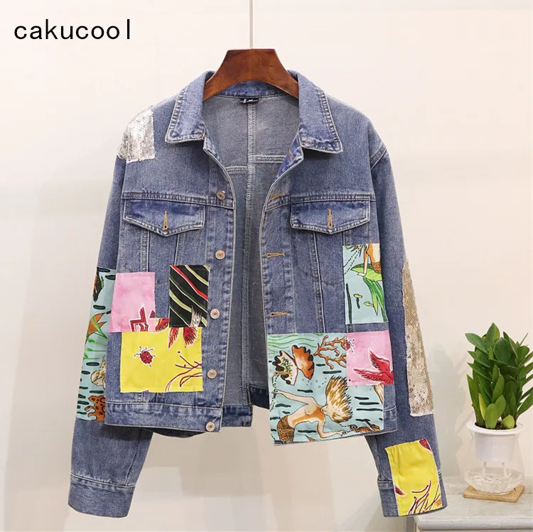 

Cakucool Boho Denim jacket Female vintage cartoon appliques Embroid Coat Jeans Spring Spliced outerwear denim jackets for women