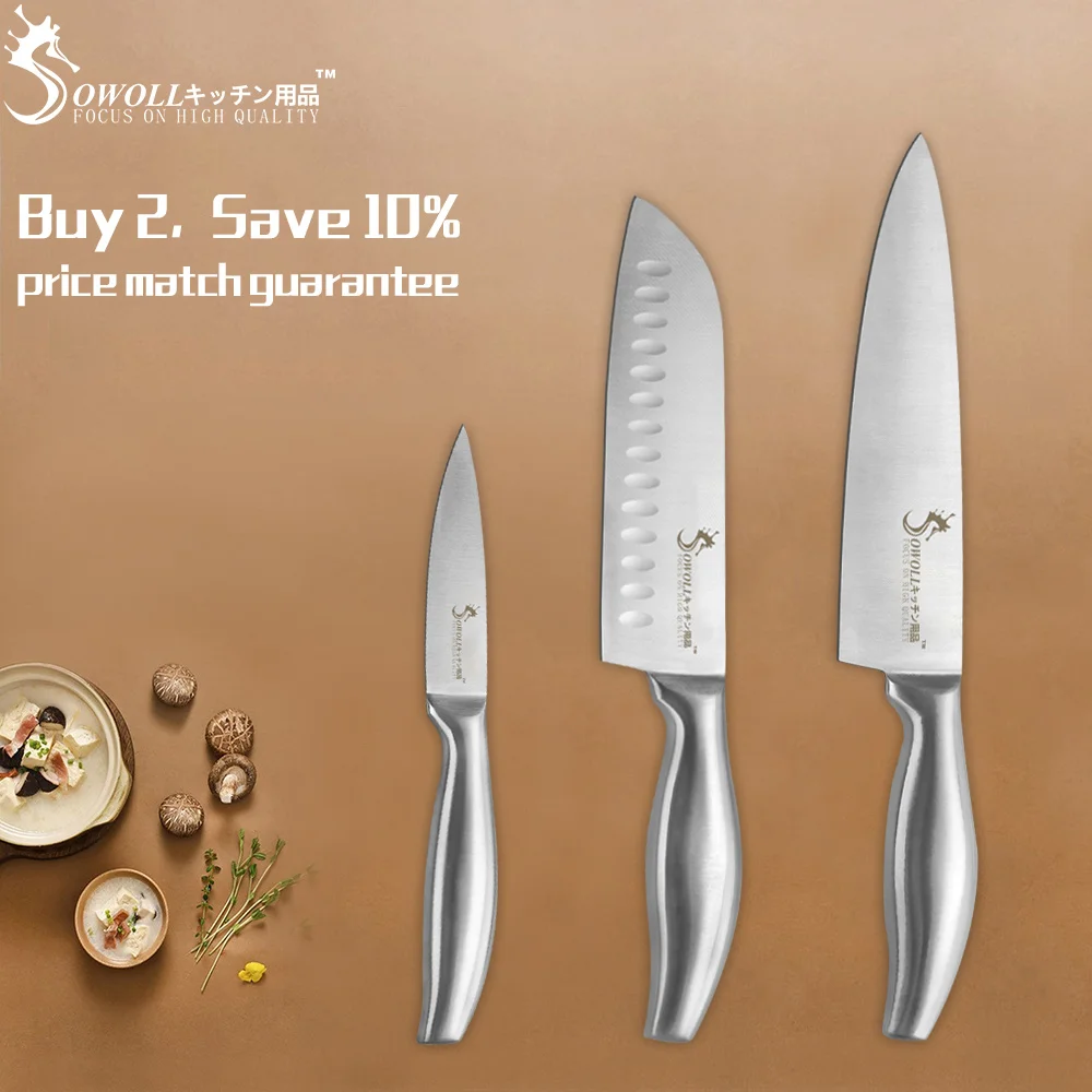 

SOWOLL Brand Cooking Tools 3-Pieces Set Eco-Friendly 3.5" Fruit, 7" Santoku, 8" Chef Knife Stainless Steel Blade Kitchen Knives