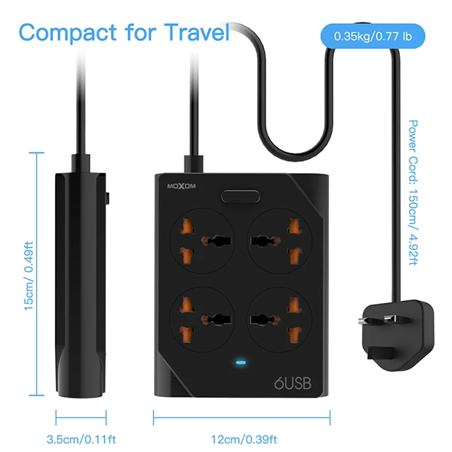 MOXOM силовая лента, USB розетка, полоса 10 А, быстрая зарядка, 6 USB удлинительных розеток, 4 розетки, адаптер, ЕС, Великобритания, ЕС, силовая полоса - Тип штекера: KH-63UKB