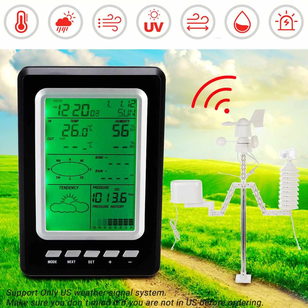 

Professional Wind Home Weather Station Wireless Solar LCD Temperature Forecast Instrument for Outdoor Indoor