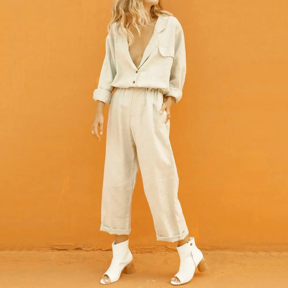 

Summer New Arrival Fashion Women V Neck Slim Cotton Lapel Button Temperament Suit Shorts Matching Suit 2019